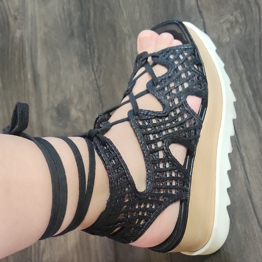 Stella McCartney Black Lace-Up Sandals with Tan Platform